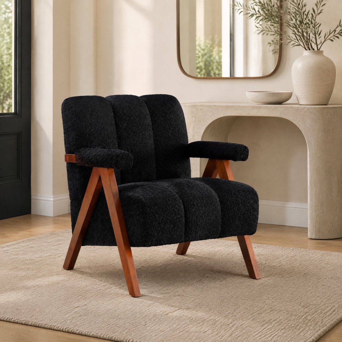 Wishdor Fauteuil met armleuningen - Bouclé bekleding - Houten frame van eikenhout - Mid-century modern - Voor woonkamer en slaapkamer - Zwart - 77 x 69 cm