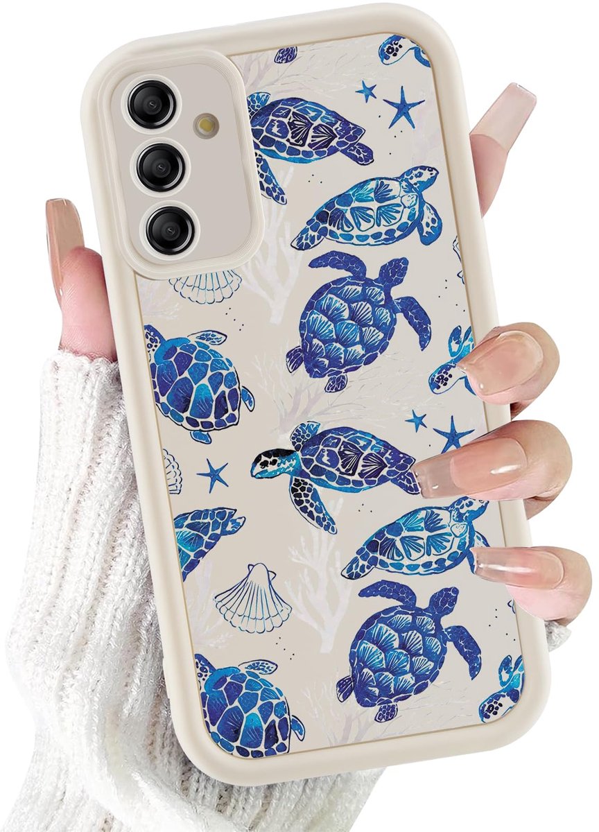 Kivlclri Beschermhoes voor Samsung Galaxy A37 6,7 inch, esthetisch blauw schildpadmotief, tekening, witte siliconen - ShopVlot