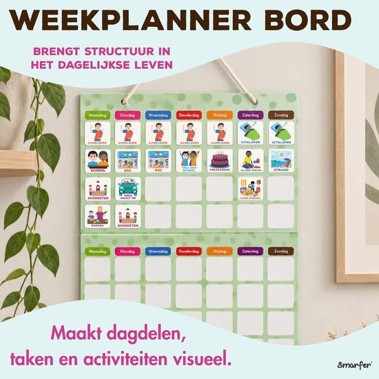 Tableau planificateur hebdomadaire avec des images d'activités pour chaque jour de la semaine.