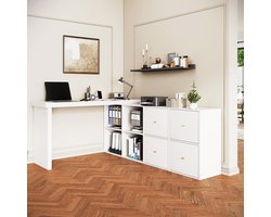 Hoekbureau - met hoekopstelling en laden en opbergruimte - wit - afmetingen 120 x 48 x 78 cm - materiaal mdf - voor een praktische werkplek