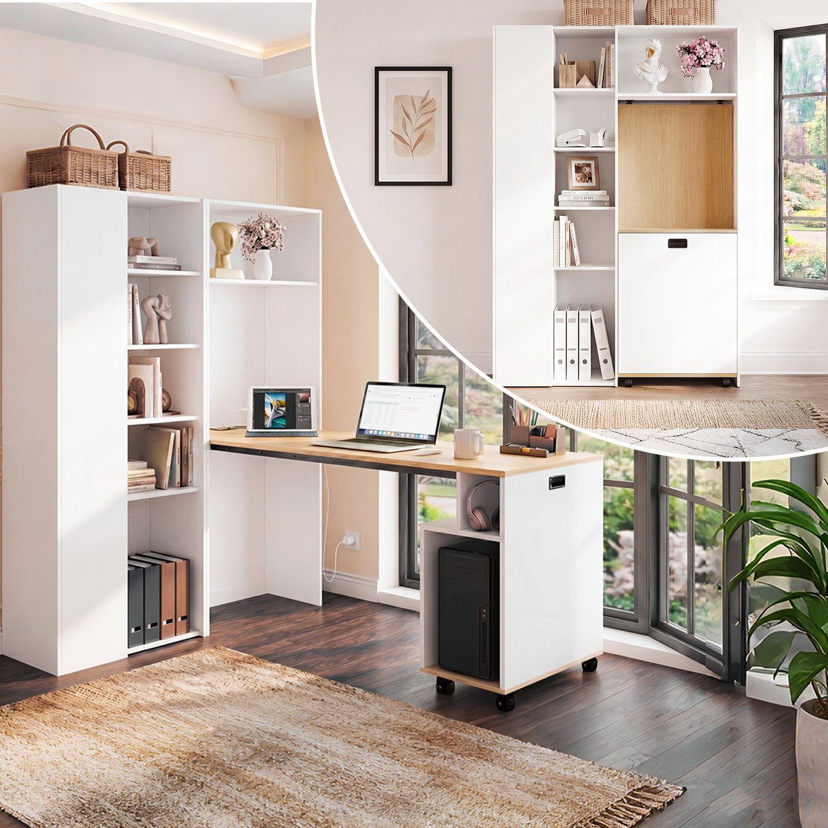 Bureau - met opbergruimte en USB- en stroomaansluitingen - wit - afmetingen 104,5 x 30,5 x 160 cm - voor een praktische werkplek