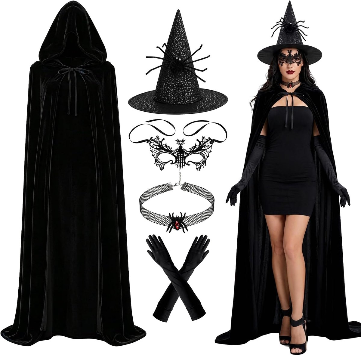 Halloween heksenkostuum dames - zwarte cape met capuchon - inclusief heksenhoed en kanten masker - ShopVlot