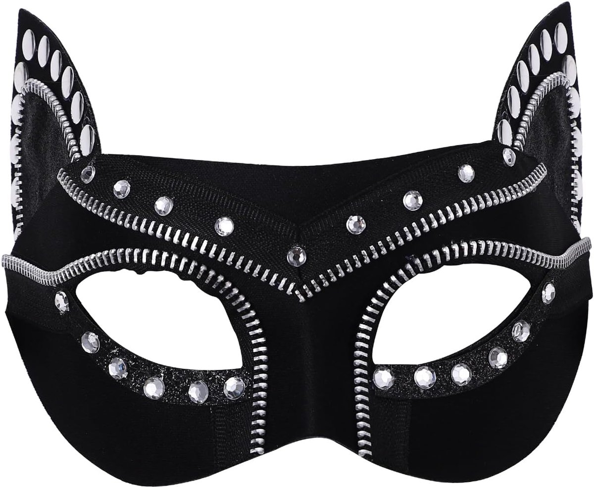 masker kattenkop zwart - half gezicht - steampunk met strass - ideaal voor Halloween - ShopVlot