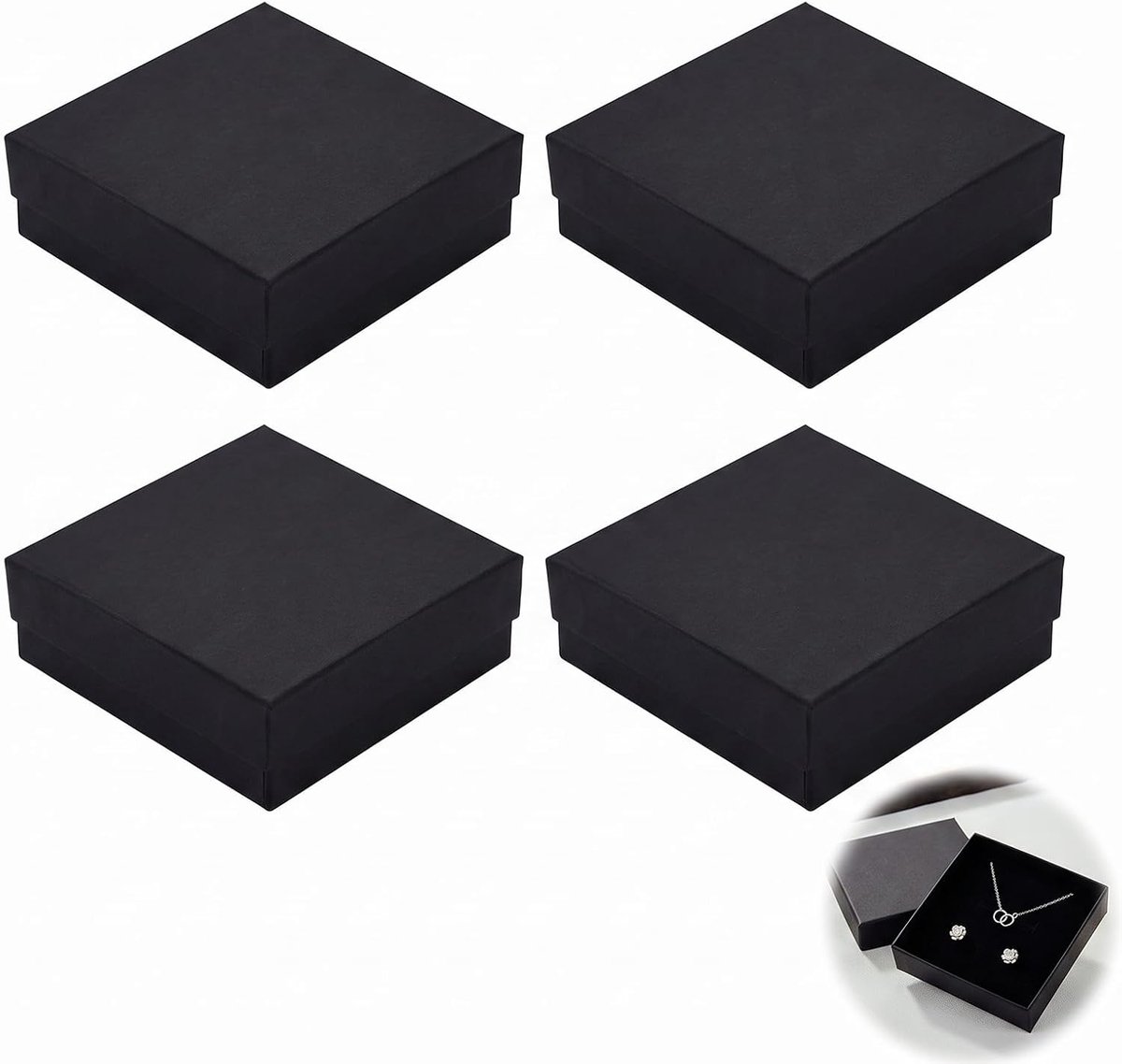 Sieradendoosjes set van 4 - zwart 8,5x8,5x2,3 cm - schuimrubberen inleg - ShopVlot