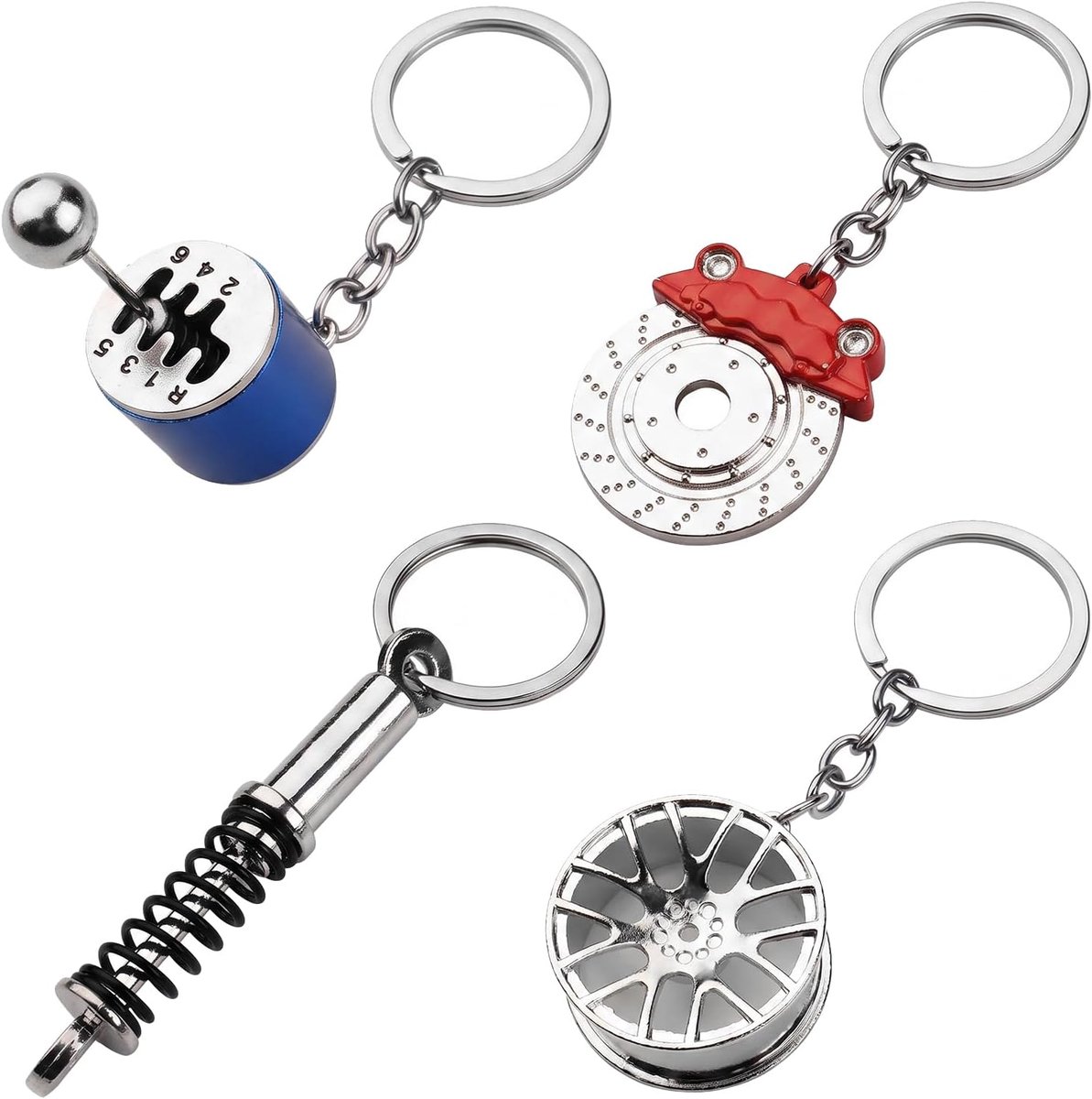 metalen sleutelhangerset met auto-onderdelen - 4-delig - coole versnellingspook, remschijf, schokdemper en velg - ShopVlot
