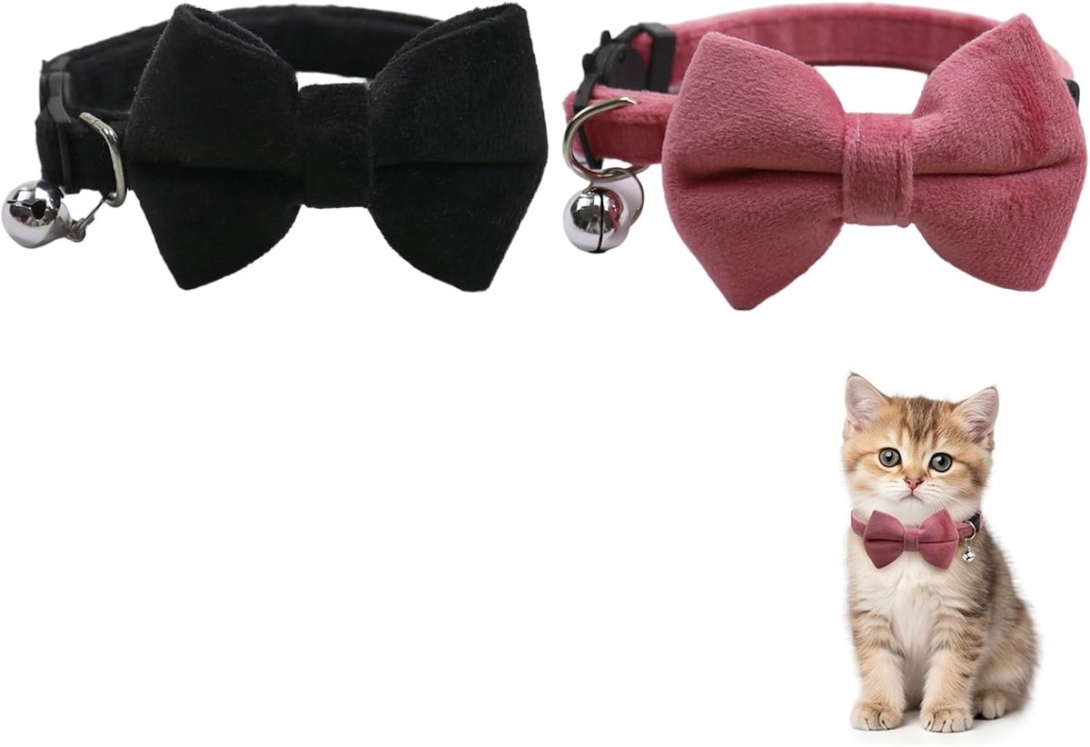 Kattenhalsband set van 2 - verstelbaar 19-32 cm - zacht pluche met belletjes - veilig voor verkenning - ShopVlot