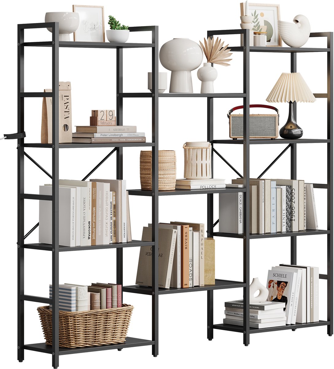Boekenkast Brede 4 Lagen - 158x25.9x138cm - Vintage Boekenkast met Metalen Frame - Verstelbare Open Planken - Grote Boekenkast - Voor Woonkamer Kantoor - Zwart