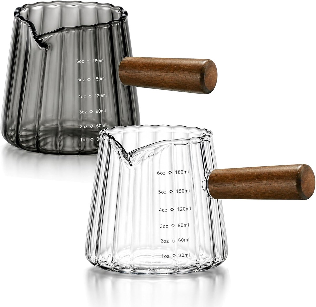 Espresso maatbekers - glas met houten handvat - V-vormige tuit - voor espresso, melkopschuimen en latte - koffiemaatbekerset - voor koffieliefhebbers - transparantgrijs - 6 oz - 2 stuks