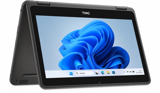 Grijze Dell Latitude 3190 2-in-1 laptop in tabletmodus, met het scherm naar voren gericht.