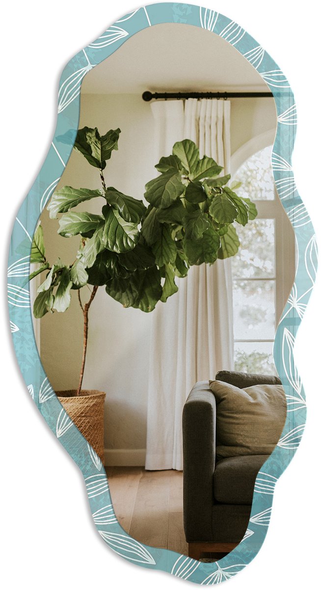 TULUP Turkooizen Bladeren Spiegel - Turkoois Rechthoekige Spiegel Met Modern Design - Organische Spiegel - Slaapkamer, Woonkamer, Badkamer - Scandinavisch - 45x90 cm - Totale afmeting 52x97 cm Turkooizen Bladeren, Turkoois