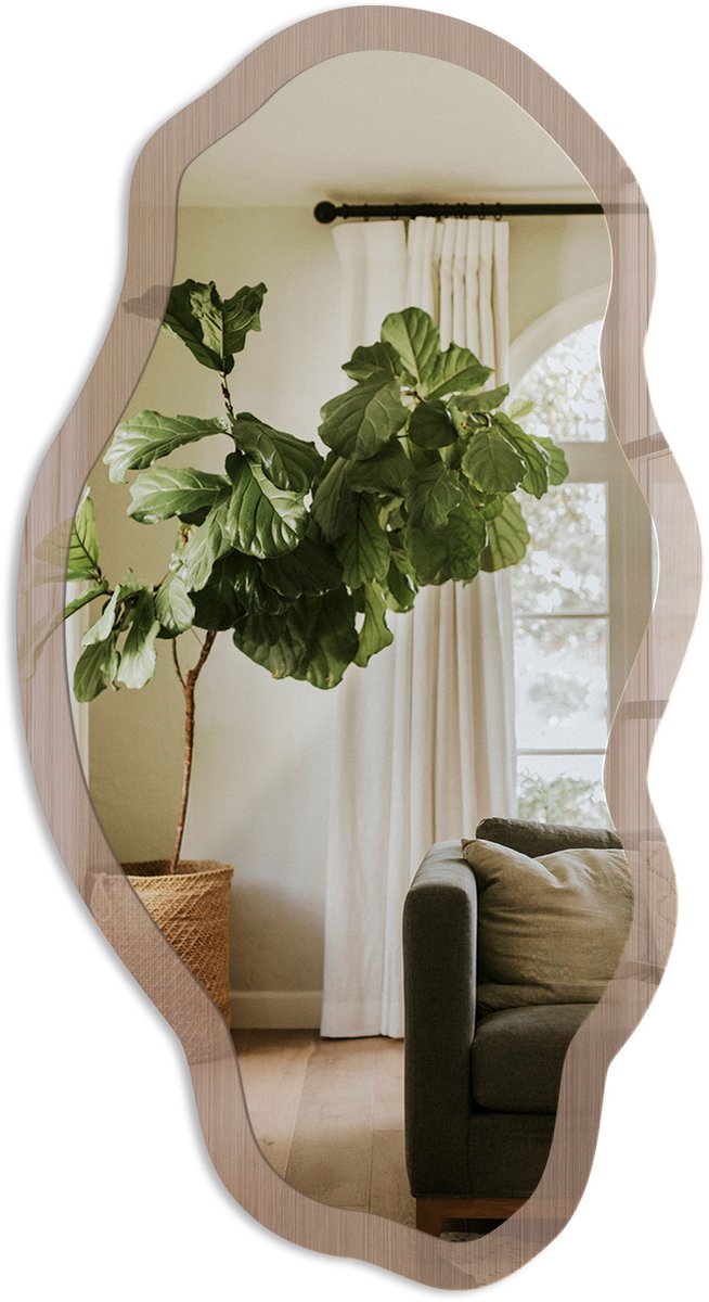 TULUP Houten Constructie Spiegel - Bruin Strakke Rechthoekige Spiegel - Organische Spiegel - Woonkamer, Kantoor, Slaapkamer - Minimalistisch - 45x90 cm - Totale afmeting 52x97 cm Houten StructuurDecor, Bruin