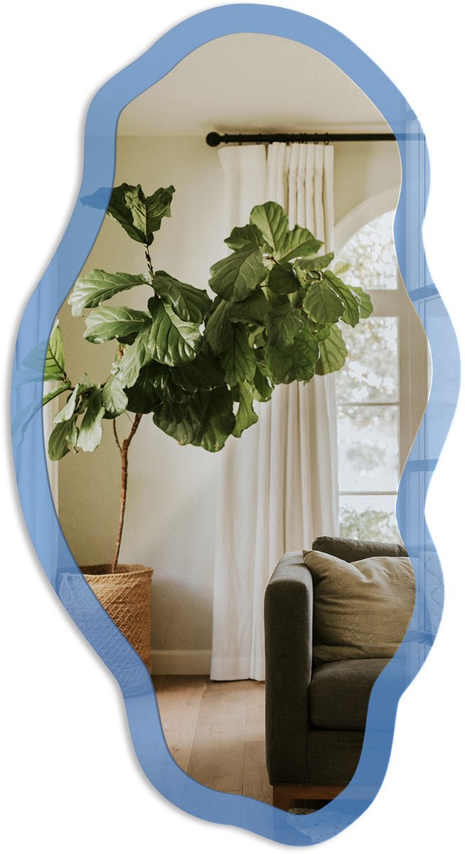 TULUP Blauwe Kleur Spiegel - Blauw Elegante Rechthoekige Wandspiegel - Organische Spiegel - Kantoor, Slaapkamer, Woonkamer - Minimalistisch - 45x90 cm - Totale afmeting 52x97 cm Kleur Blauw, Blauw