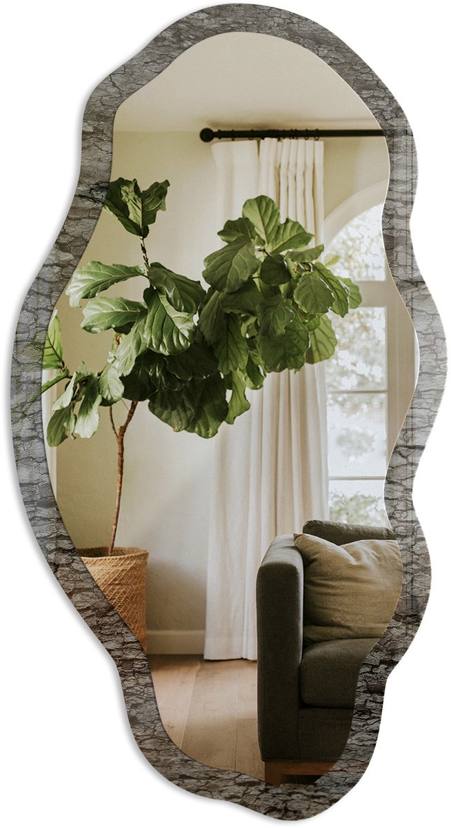 TULUP Boomschors Spiegel - Grijs Strakke Rechthoekige Spiegel - Organische Spiegel - Woonkamer, Kantoor, Slaapkamer - Rustiek - 45x90 cm - Totale afmeting 52x97 cm Boomschors, Grijs