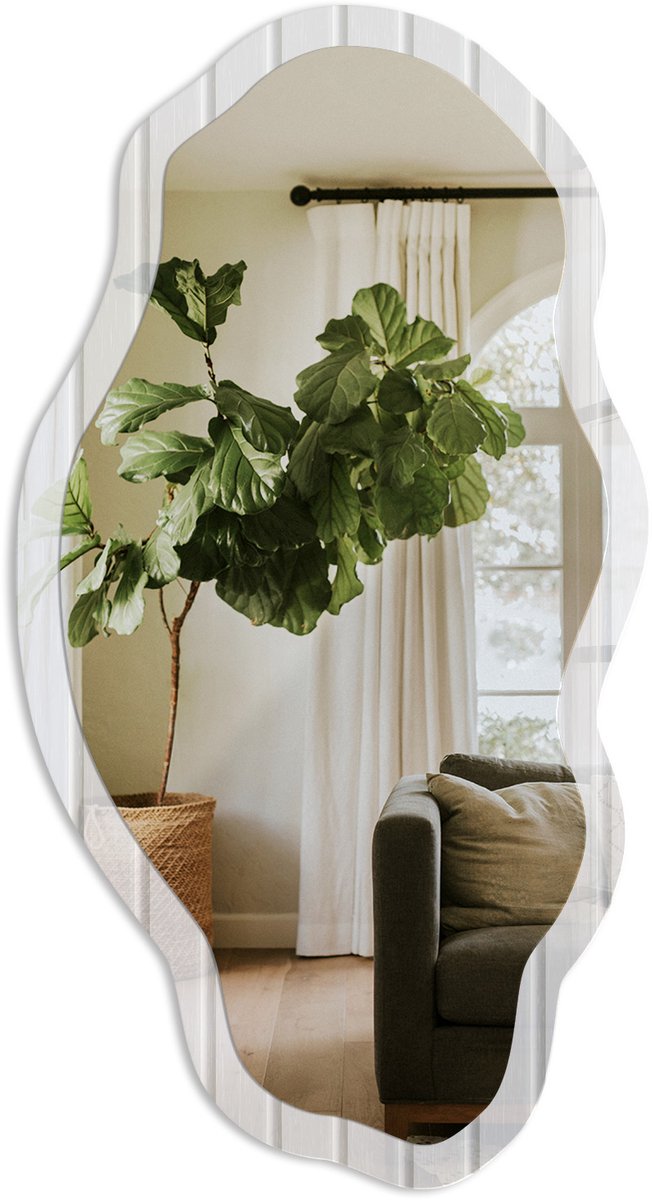 TULUP Lichte Strepen Spiegel - Wit Stijlvolle Wandspiegel - Organische Spiegel - Badkamer, Hal, Kantoor - Minimalistisch - 45x90 cm - Totale afmeting 52x97 cm Lichte Strepen, Wit