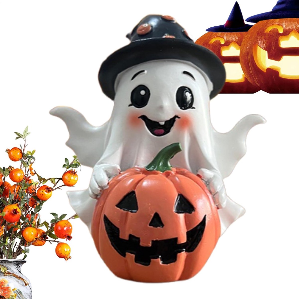 Halloween Pompoen Beeldje - Hars - Handgesneden Mysterieus Hars Beeld - voor Tuin en Woonkamer - Weerbestendig Halloweendecoratie Beeldje - voor Tafel en Terras - Kunsthars Behuizing - Sorteersysteem - Model Universeel