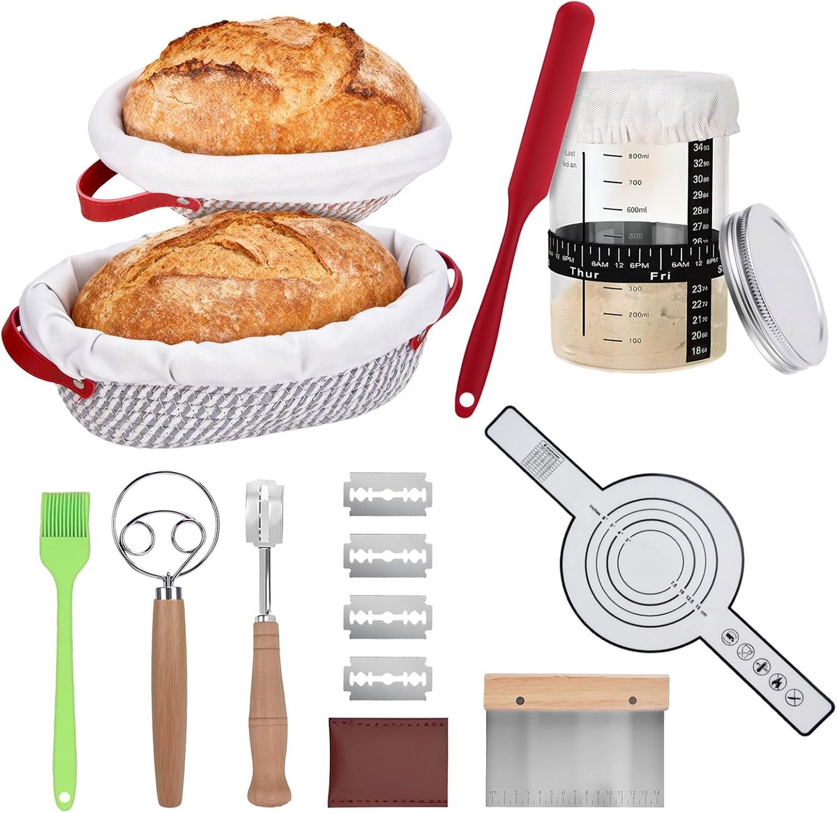 Sauerdesem starterset 11-delig - ronde en ovale gistmanden - bakken van zuurdesembrood - ideaal voor beginners