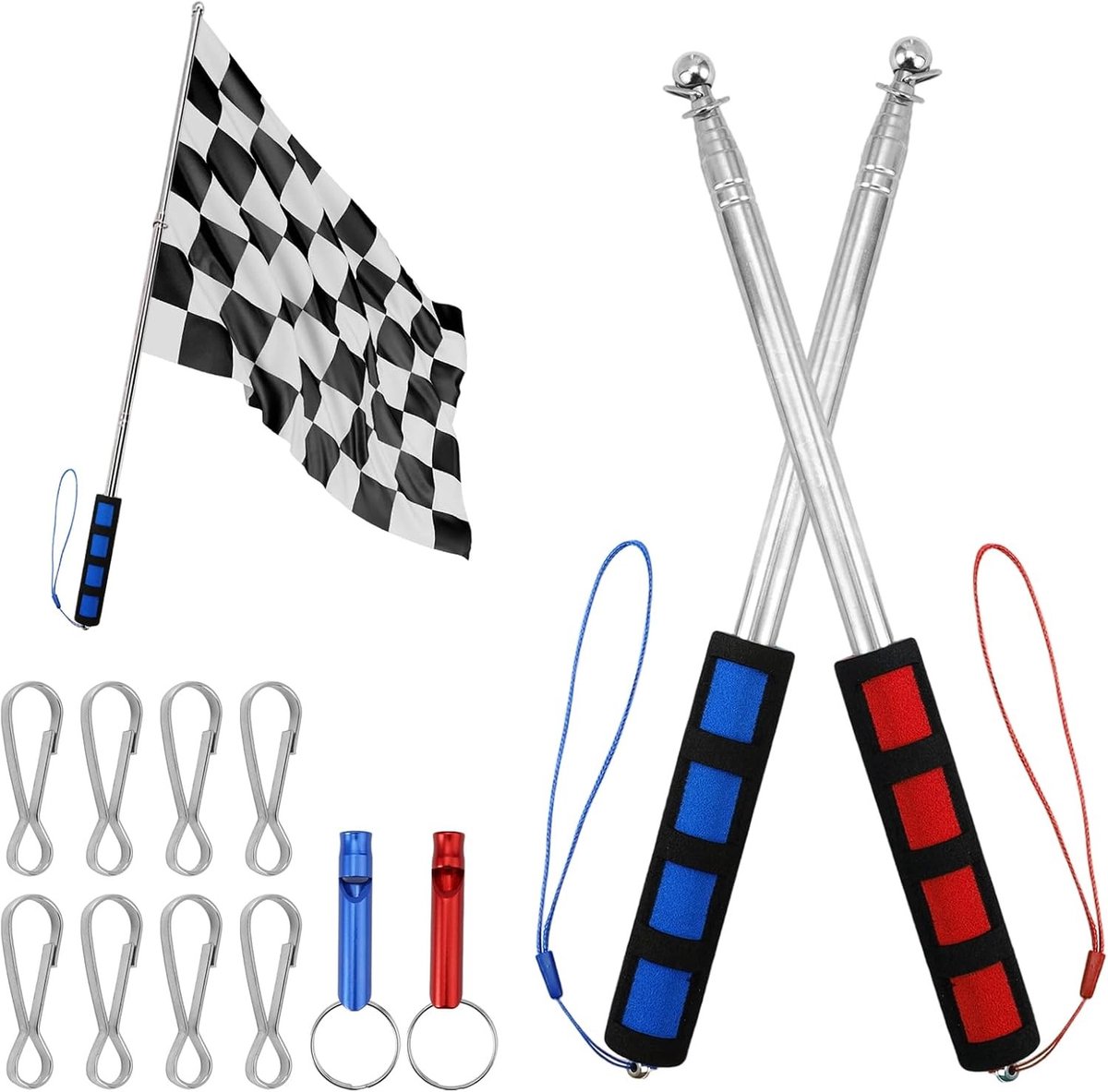 Draagbare Handheld Vlaggenmast Set - Blauw en Rood - 2 Meter - Roestvrijstalen en Uittrekbaar - Voor Teamactiviteiten