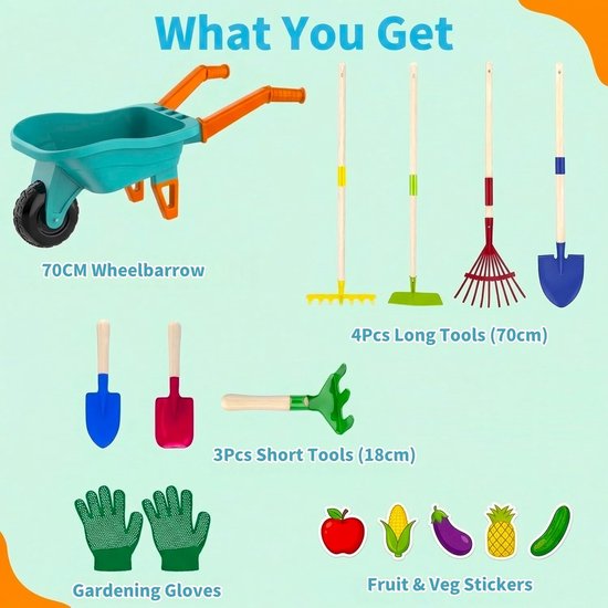 Tuinspeelgoed set voor kinderen - 70CM kruiwagen - metalen schoffel, hark en schep - educatief buitenspel — afbeelding 3