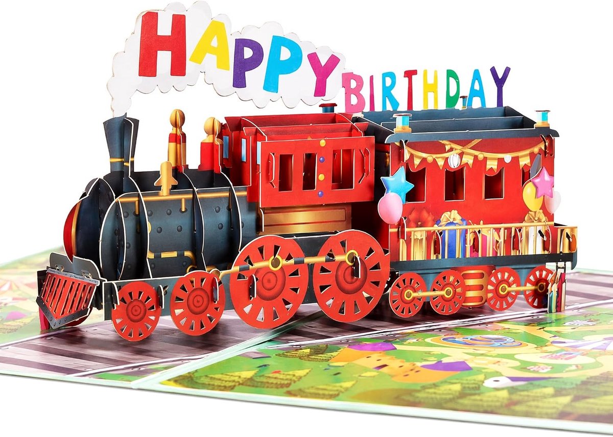 Pop-up verjaardagskaart met treinmotief, 3D wenskaart Happy Birthday met envelop, verjaardagskaart voor kinderen en - ShopVlot