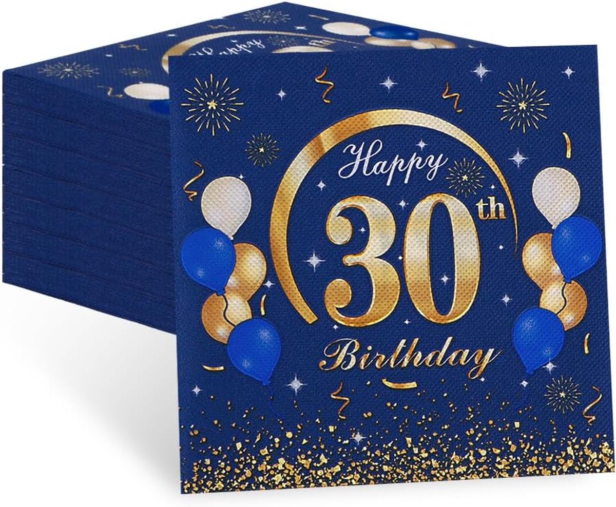 60 stuks blauwe servetten "Happy 30e Birthday" - premium decoratie voor mannenverjaardag, jubileumfeest - ShopVlot
