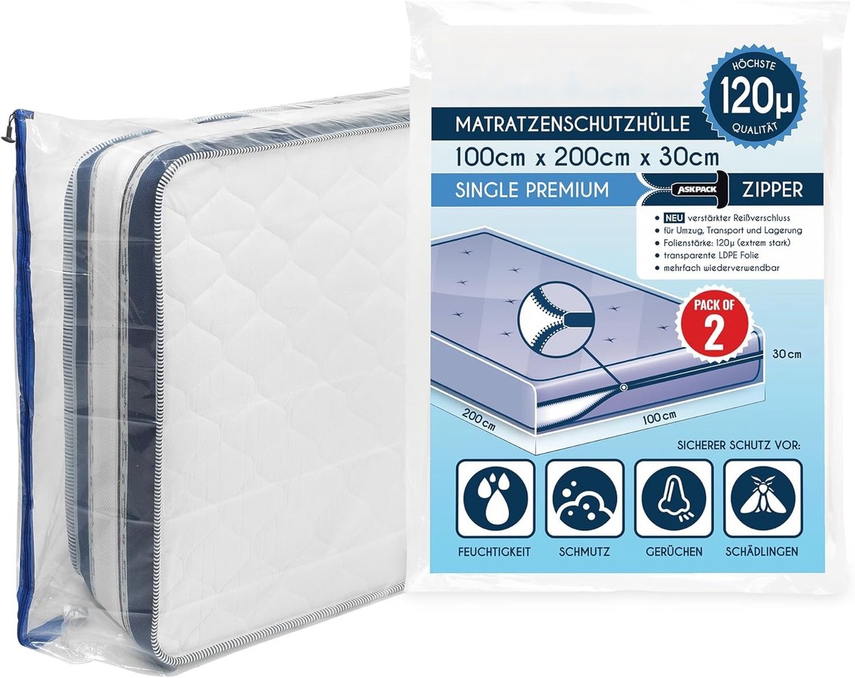 Matrashoes 100x200 cm 2-pack - waterdicht, scheurvast, 120 micron met stevige ritssluiting voor opslag en transport