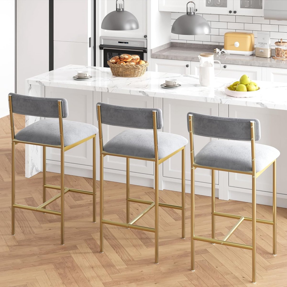 Set van 8 barstoelen, keukenbarstoelen met voetsteun, 64,8 cm hoge gestoffeerde stoelen met rugleuning, 8 barstoelen op aanrichthoogte voor bar en keukeneiland, eenvoudige montage