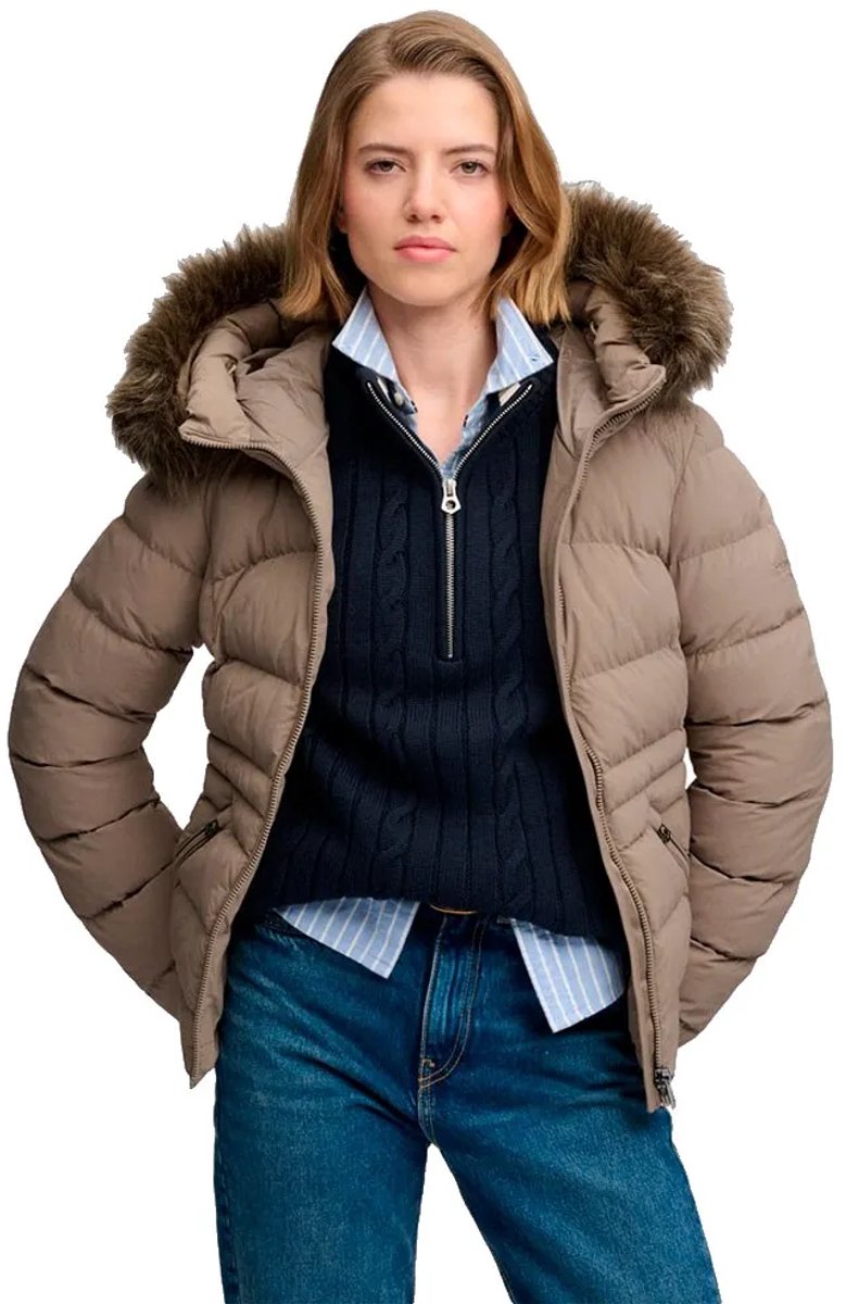 Superdry Fuji Gewatteerde Jas Met Capuchon En Imitatiebont Dames Gewatteerde jassen Verweerd Steenbruin