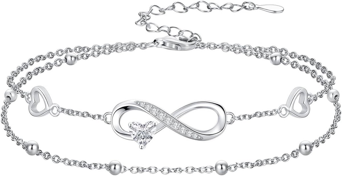 925 sterling zilveren sieraden voor dames, oneindigheidsgraad hart, geboortesteen armband en enkelband, dubbele rijen - ShopVlot