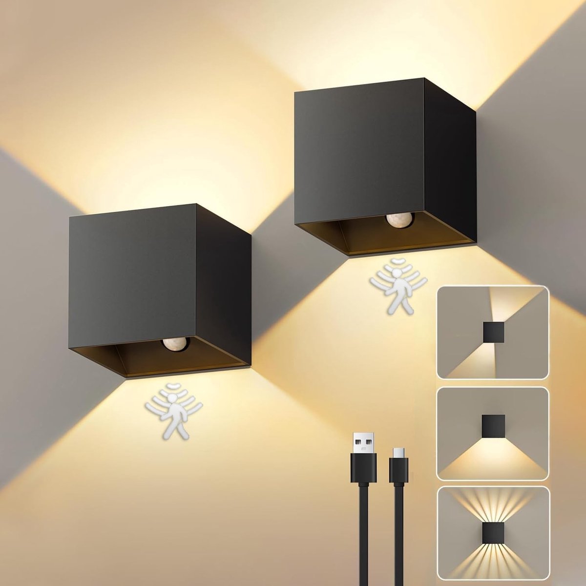 Schilderijlampje draadloos - Zwart - Aluminium - Oplaadbare Wandlamp met Bewegingssensor voor Binnen