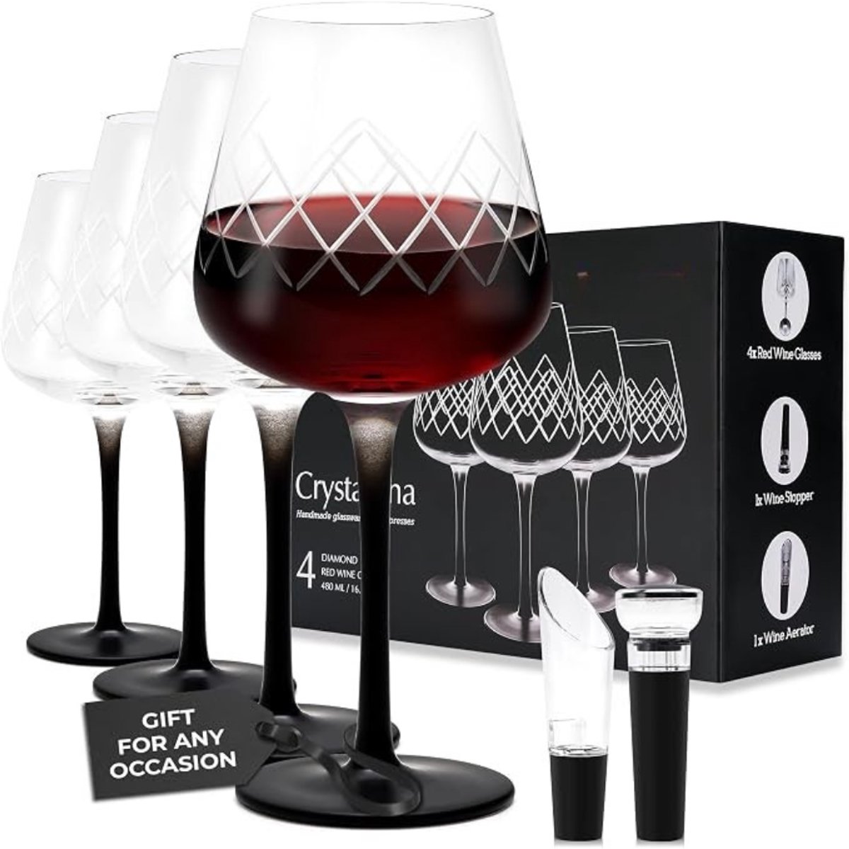 Verte Wijnglazen Set - Rode Wijnglazen – Kristallen Wijnglazen – Elegant Glaswerk voor in de Keuken – Eten & Genieten – 480 ml
