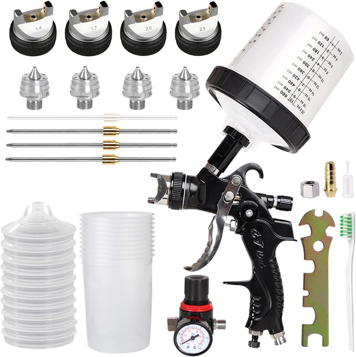 Pneumatic Paint Gun for Cars with 4 Nozzles (1.4/1.7/2.0/2.5 mm), 10 Mixing Cups 600 ml, Professional Spray Tools - ShopVlot