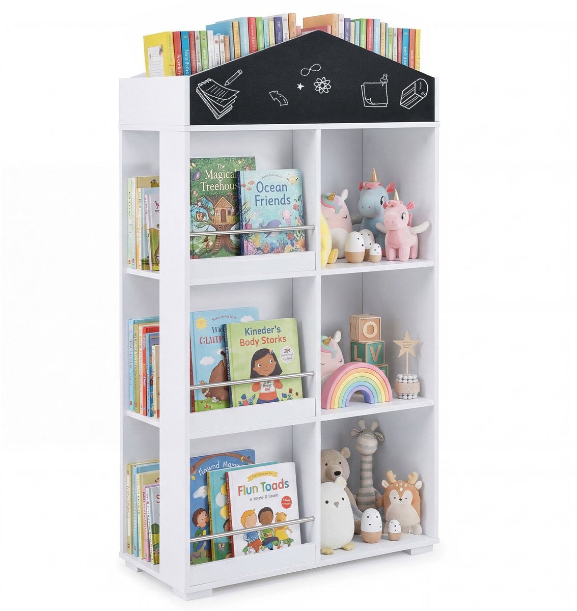 COSTWAY Boekenplank Kinderen in Huisvorm, Kinderplank met Schoolbord, Kinderboekenplank met 13 Vakken, Speelgoedplank Montessori voor Kinderkamer & Speelkamer, Wit (64 x 30 x 116,5 cm)