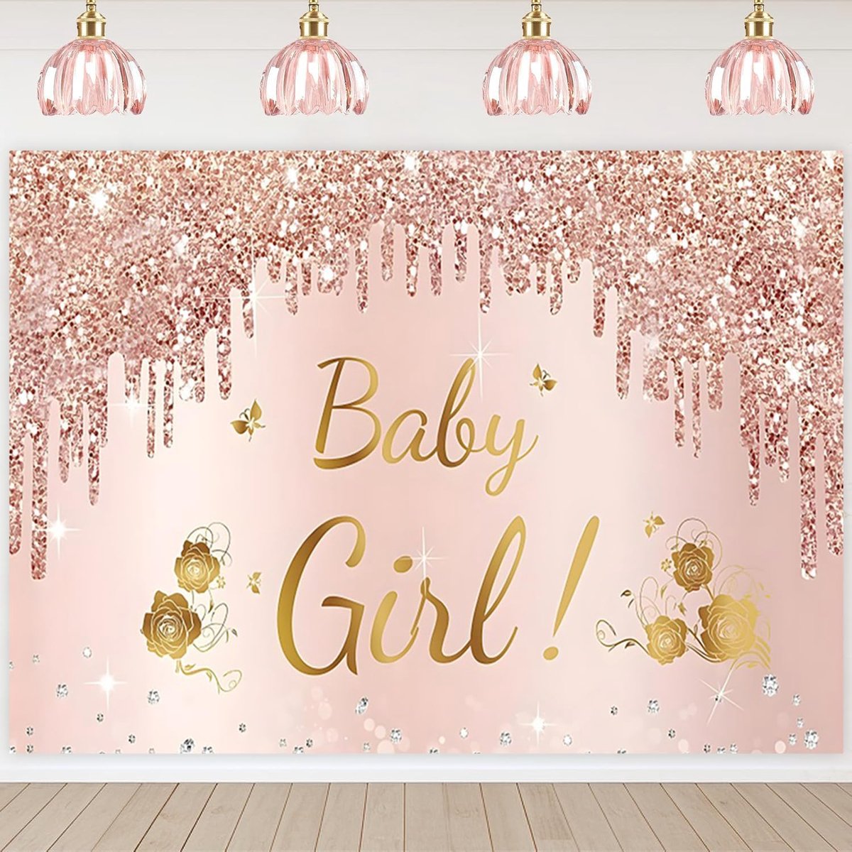 7x5FT Baby Shower Background Pink Rose Gold Baby Girl Poster Photography Background Newborn Baby Shower Party - ShopVlot
