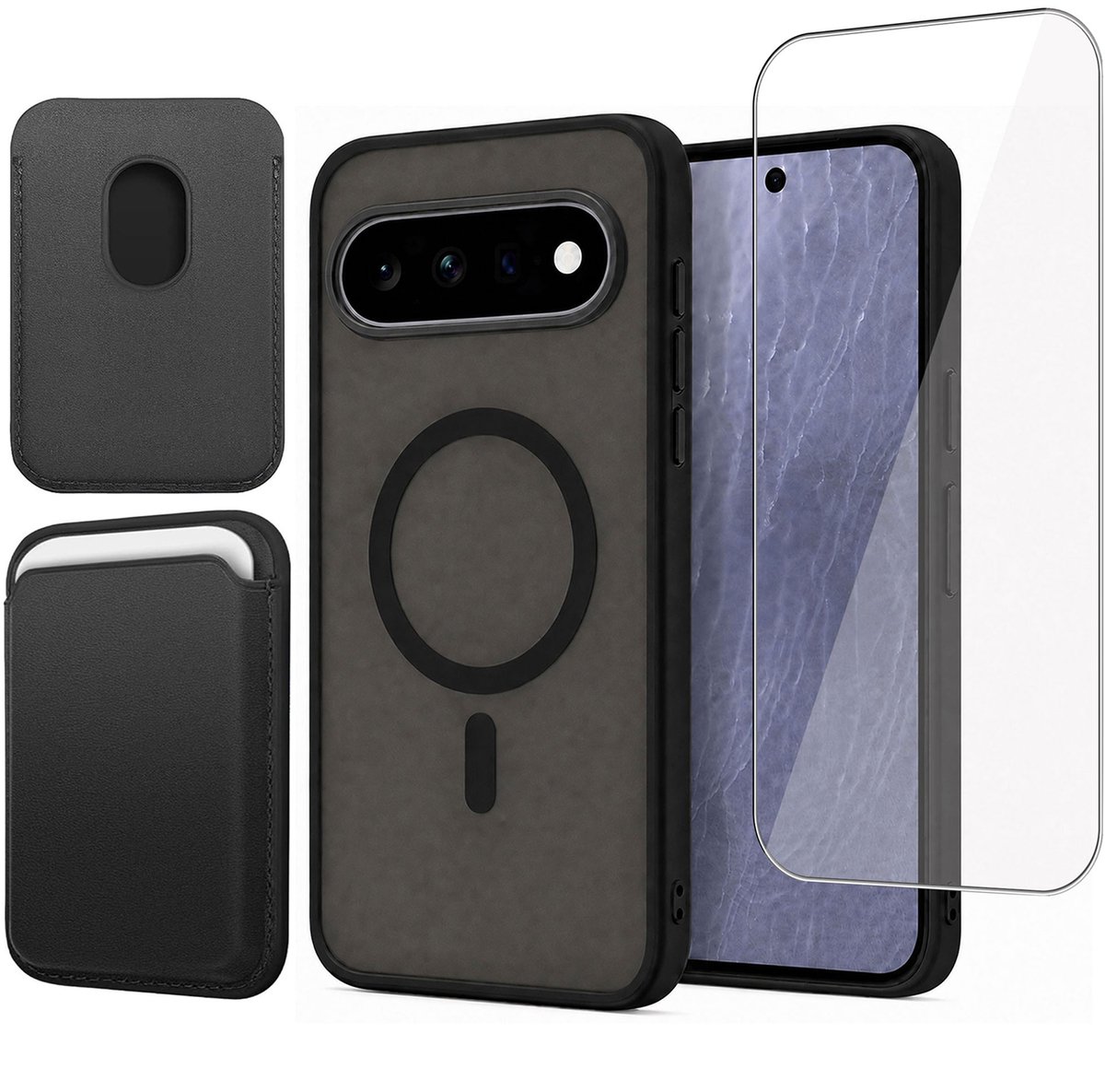 Hoesje + Pasjeshouder + Screenprotector geschikt voor Google Pixel 11 / 11 Pro - Portemonnee geschikt voor MagSafe - Magnetisch - Pasjes Houder - Creditcardhouder - Zwart