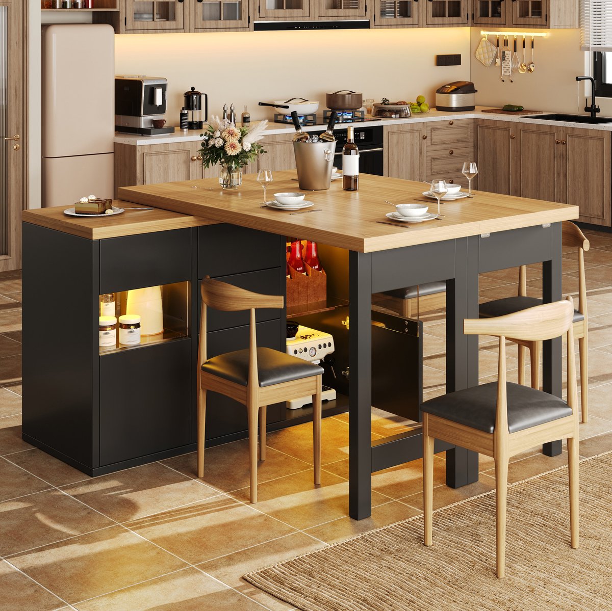 HAUSS SPOLE Eettafel - Draaibaar En Uitschuifbaar Met Led En 4 Lades - Voor Keuken En Eethoek - Hout En Metaal - 197x40x73,8 Cm - Zwart