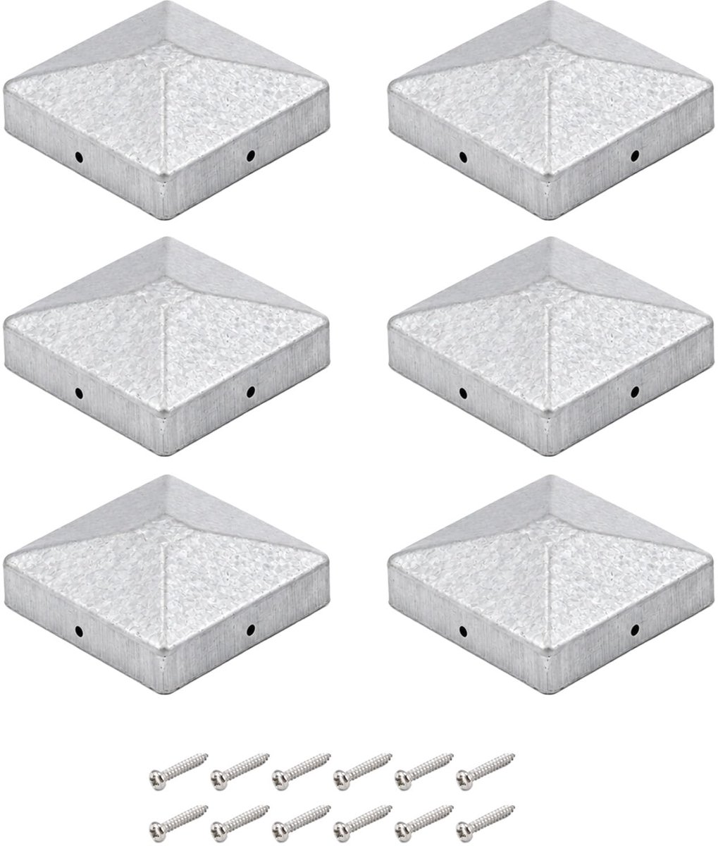 6 Stuks Paalkappen, Piramidevorm 7x7 cm, Metalen Afdekkappen met Schroeven, Beschermkappen voor Houten Palen - ShopVlot