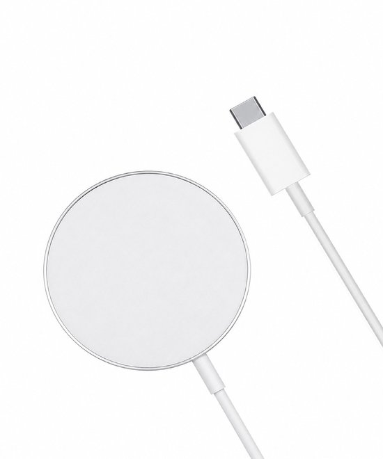 Un chargeur sans fil rond de couleur argentée avec un câble USB-C blanc. Le câble est connecté au chargeur.