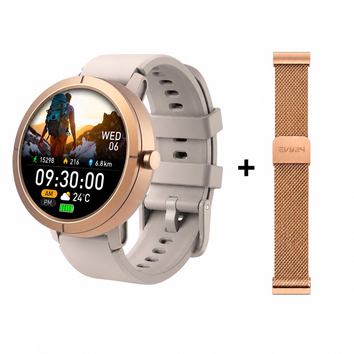 Evy24 Smartwatch EV1 GPS 42mm - GPS Smartwatch Dames & Heren - AMOLED Sporthorloge - Bluetooth Bellen - 5ATM Waterdicht - GPS Horloge - Hartslagmeter - 170+ Sportmodi - iPhone & Android - Goldmetal