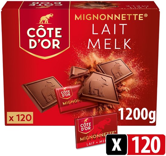 Rode Côte d'Or verpakking, 120 individuele melkchocolades met olifant reliëf, 1200g.