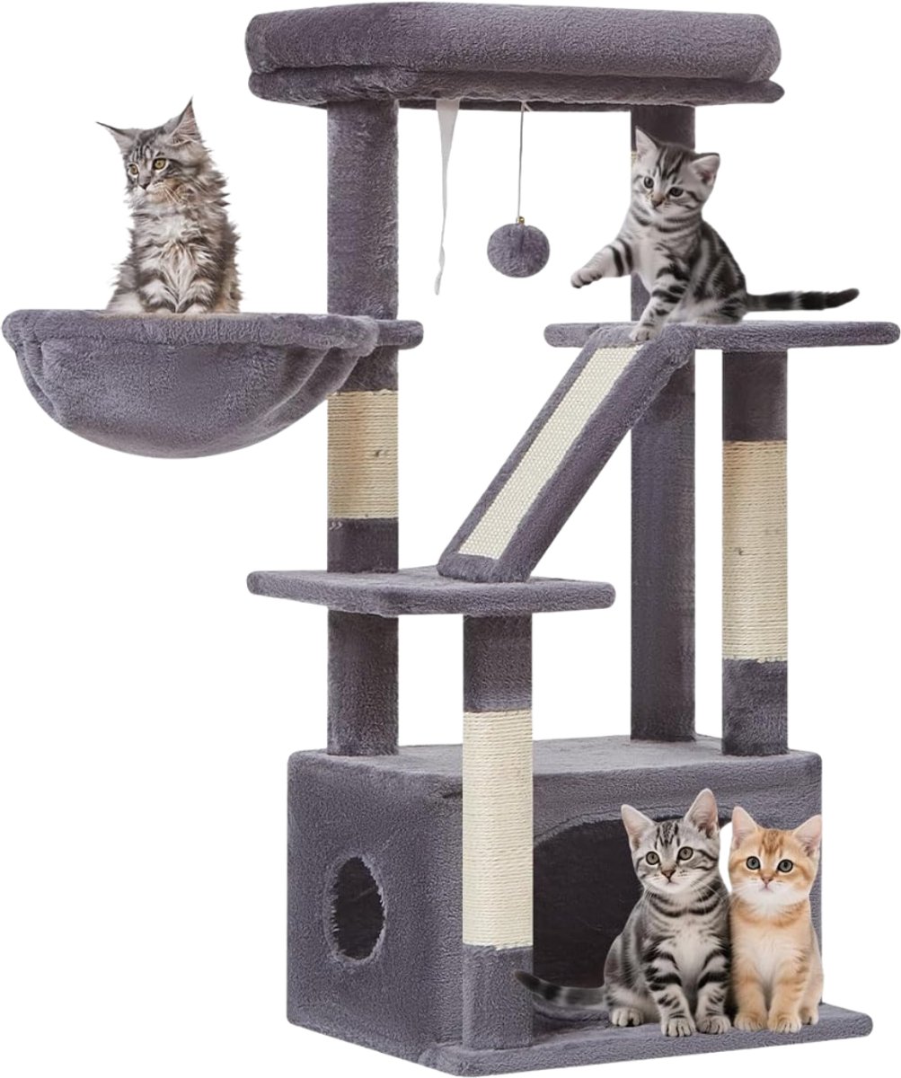 Verte - Krabpal - Krabpaal - 4 Krabpalen - Platform - Grot & Mand – Pluche Ballen & Krabplank – Donkergrijs - 98 CM