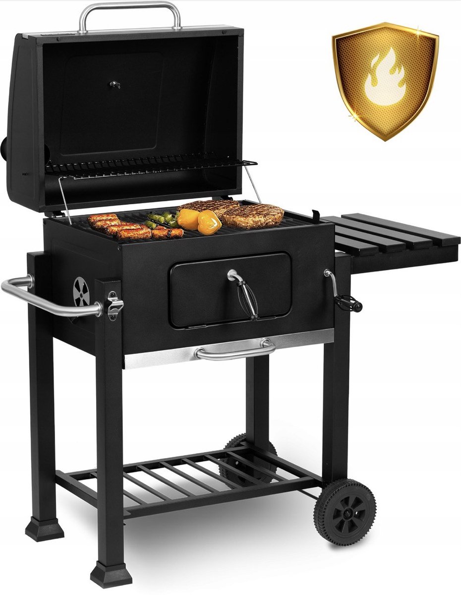 Grote Koolgrill BBQ met Deksel, Zijplanken & Wielen - Draagbaar