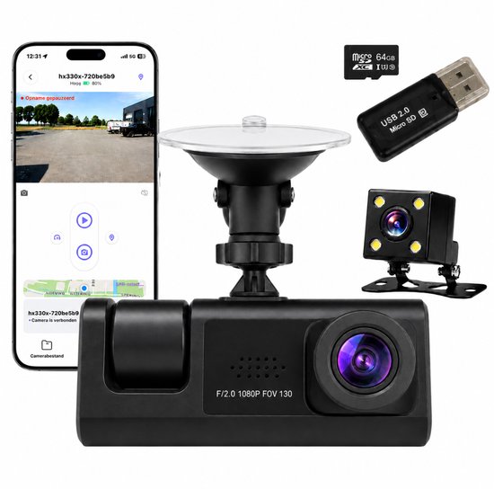 Zwarte dashcam met F/2.0 1080P FOV 130 lens, smartphone met app en een 64GB Micro SD-kaart met USB-kaartlezer.