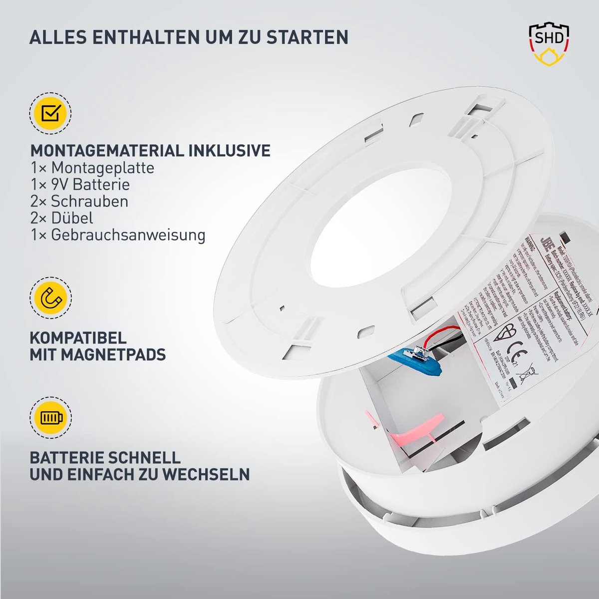 SHD Smoke Detector Set Interchangeable Batteries (3X) - DIN EN14604 Tested & BSI Certified, Fire Alarm with Mute - ShopVlot