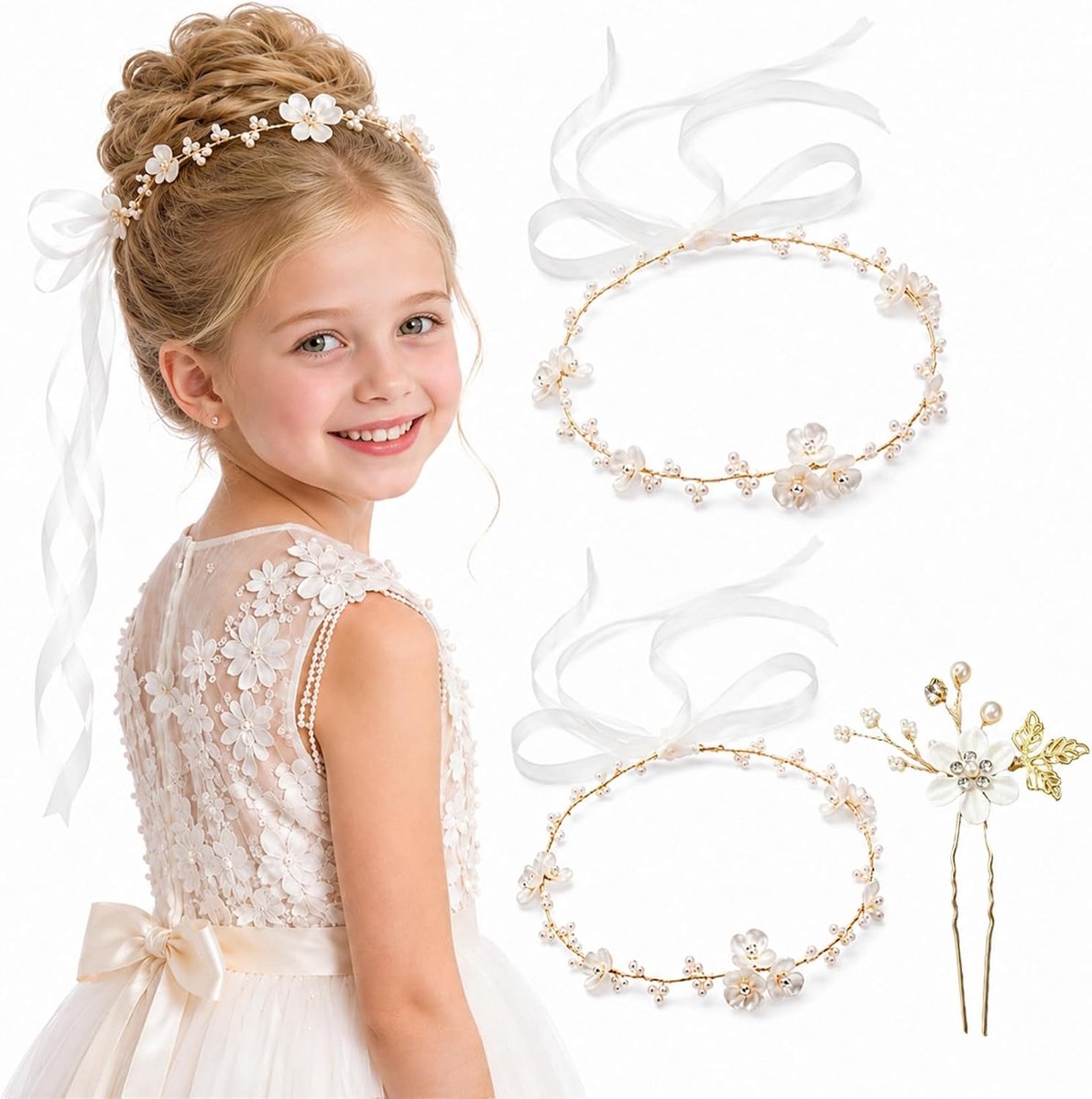 2 stuks bloemenkrans, haaraccessoires, met 1 bloemenhaarspeld, prinsessenbloemen haarkrans met band, witte parels - ShopVlot