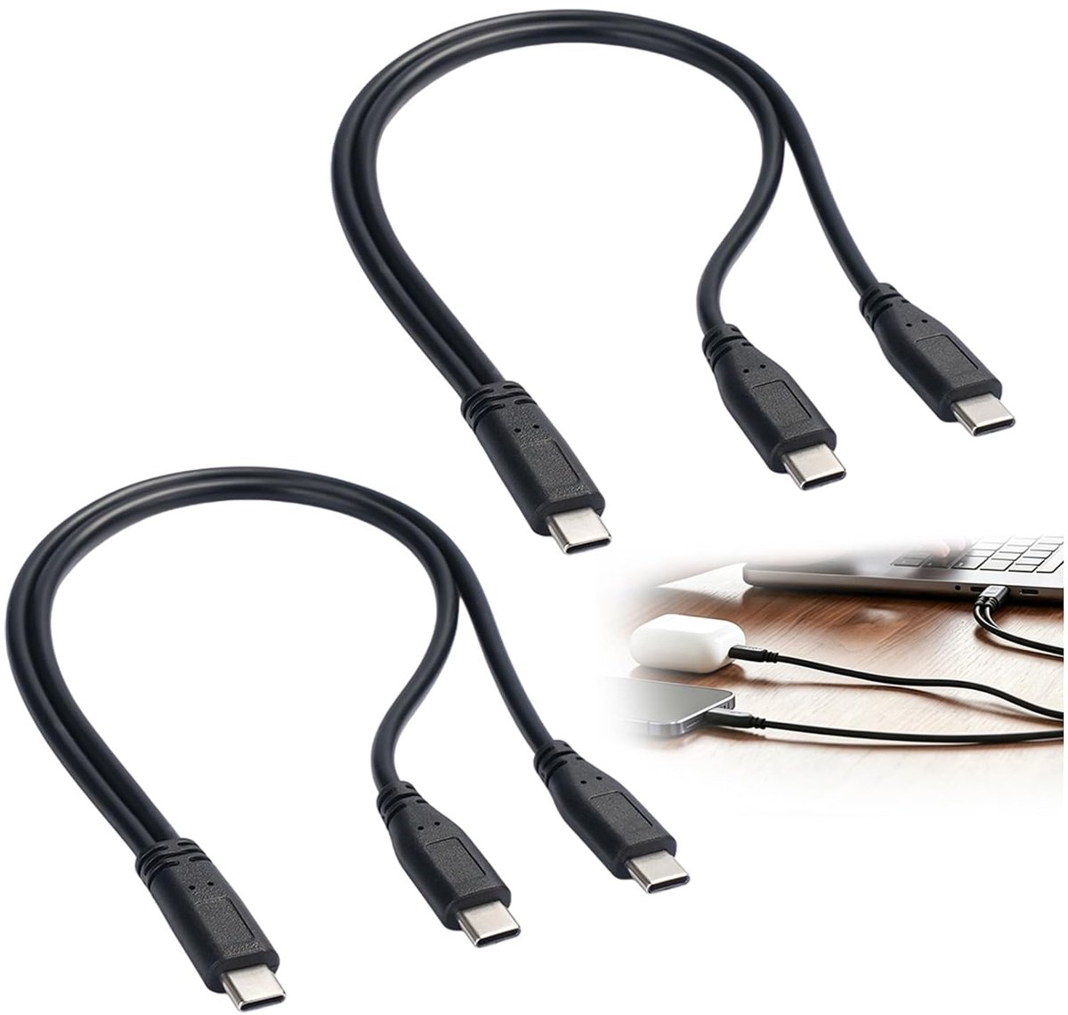 2 stuks USB C splitter oplaadkabel 1 naar 2 5 V 3 A, USB C Y-kabel, USB type C stekker naar dual type C mannelijke - ShopVlot