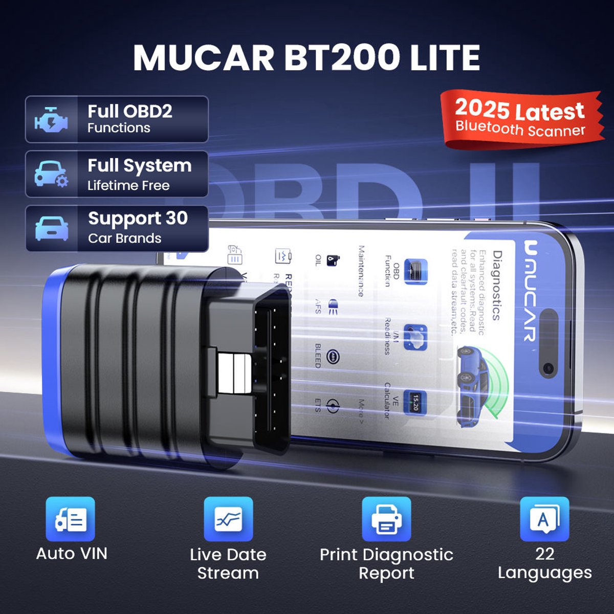 MUCAR BT200 LITE – Bluetooth OBD2 Scanner | Volledige Systeemdiagnose Levenslang Gratis | 30 Automerken thumbnail 2