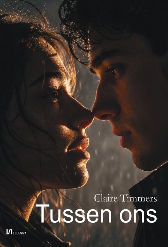 Boekomslag met close-up van een jonge vrouw en een man die elkaar aankijken, met de titel 'Tussen ons' en 'Claire Timmers'.