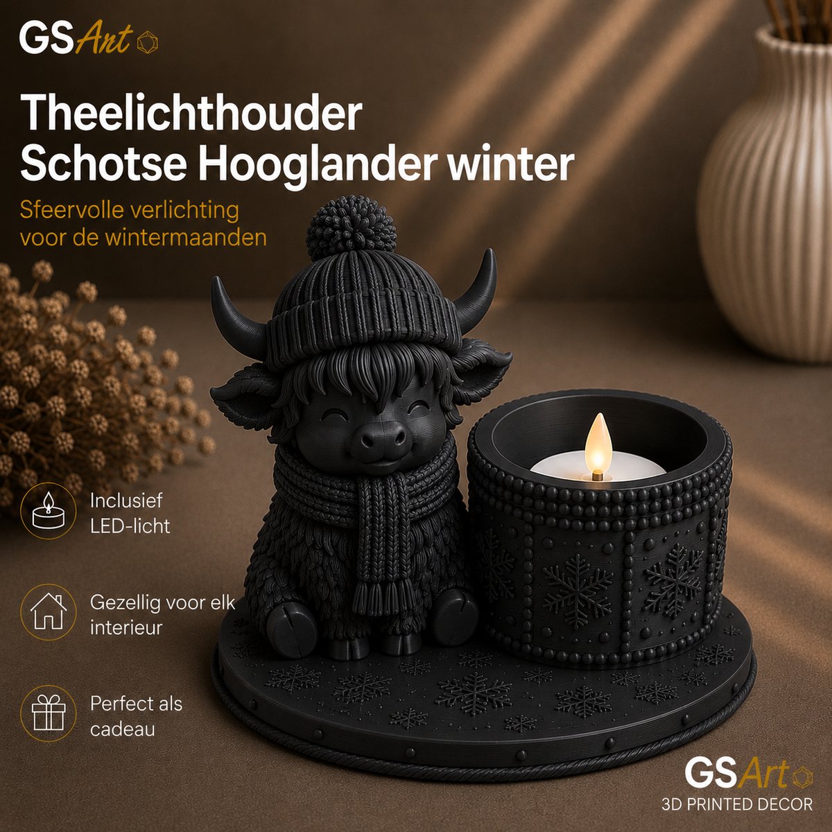 GSArt Theelichthouder Schotse Hooglander Winter – inclusief LED-kaarsje - Mat Zwart
