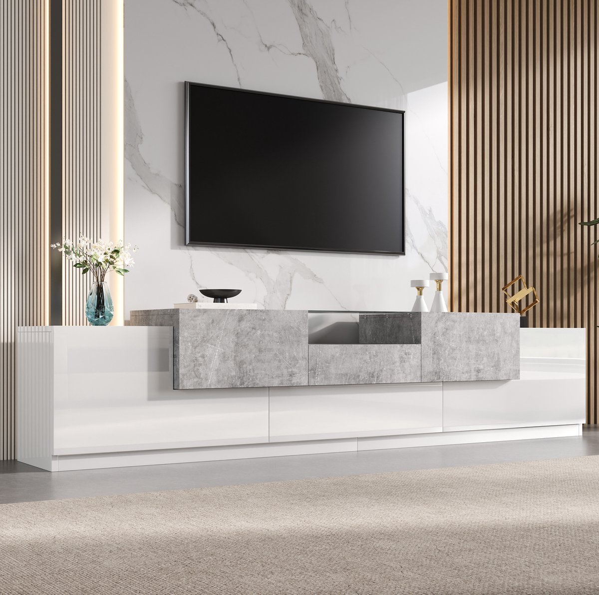 MIVRAY Tv Meubel - Hoogglans Wit Met Cementlook En Glasplaat - Modern Design Voor Woonkamer En Mediahoek - Hout - 200 Cm