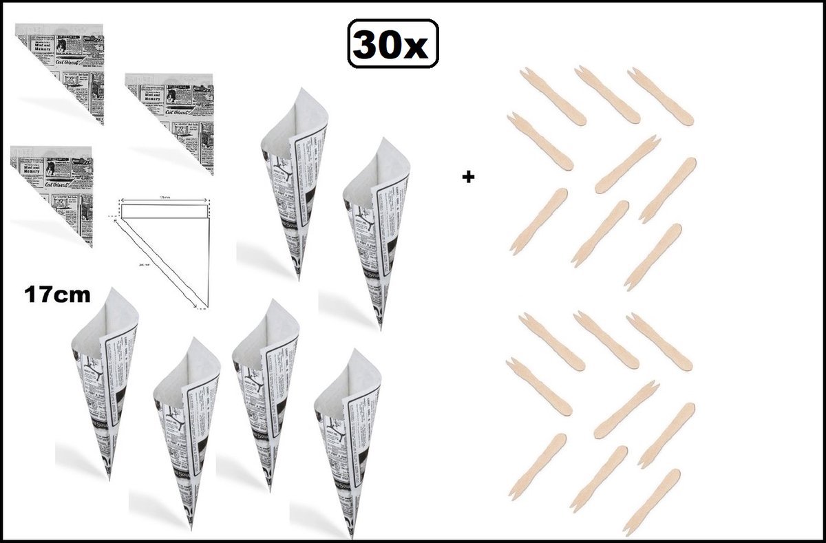 30 stuks Frietzak krant 17cm papier + 30 stuks houten frietvorkje - Festival thema feest evenement friet patat puntzak patat frites bakje snack zak uitdeel